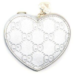 Gucci GG Shima Heart Coin Case Silver Leather Coin Purse